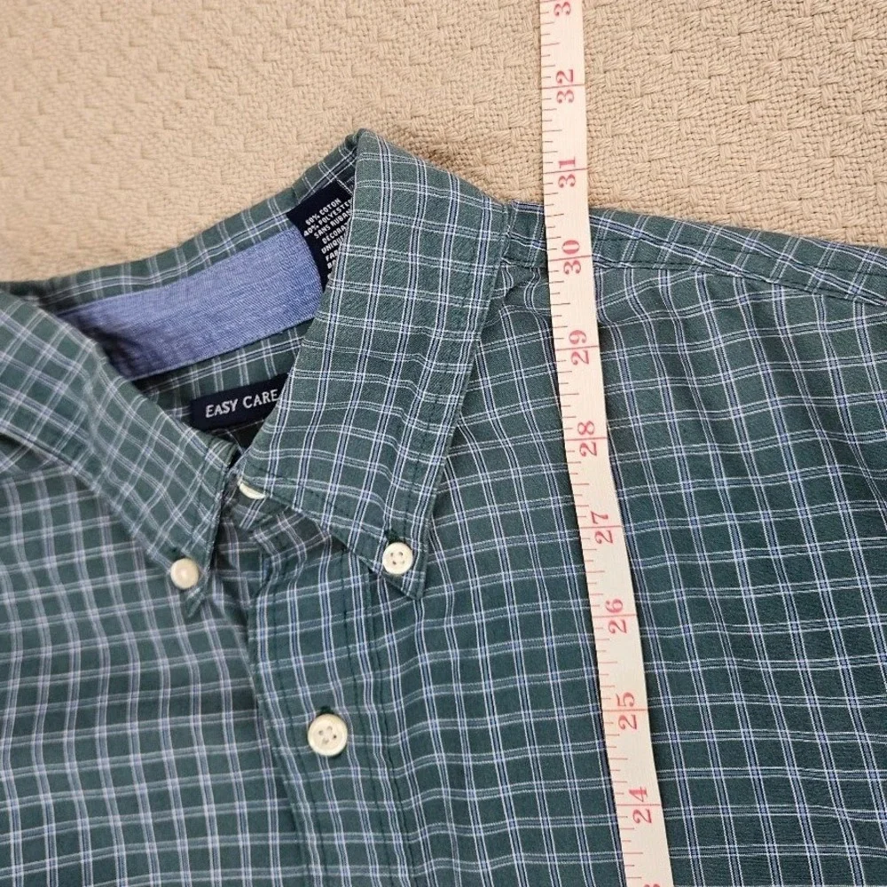 Chaps Mens Large Green Blue Grid Check Easy Care Button Down Shirt Long Sleeve